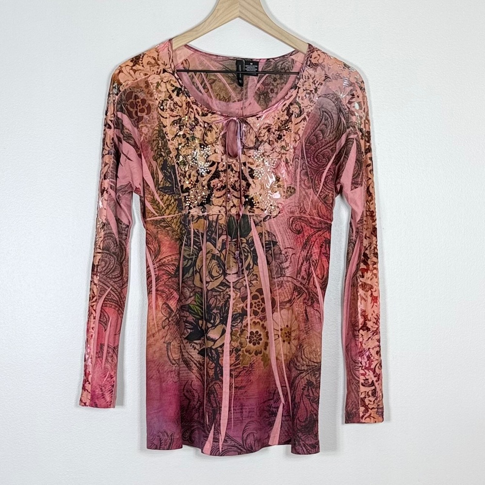 Womens Y2K Babydoll Fairy Grunge Top M Pink Velvet Burnout Panels Bling Whimsy